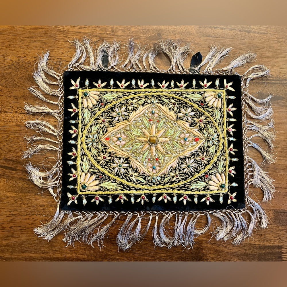 Handmade Zardozi Embroidered Wall Hanging Velvet Gold Tapestry 12x9 Indian Boho
